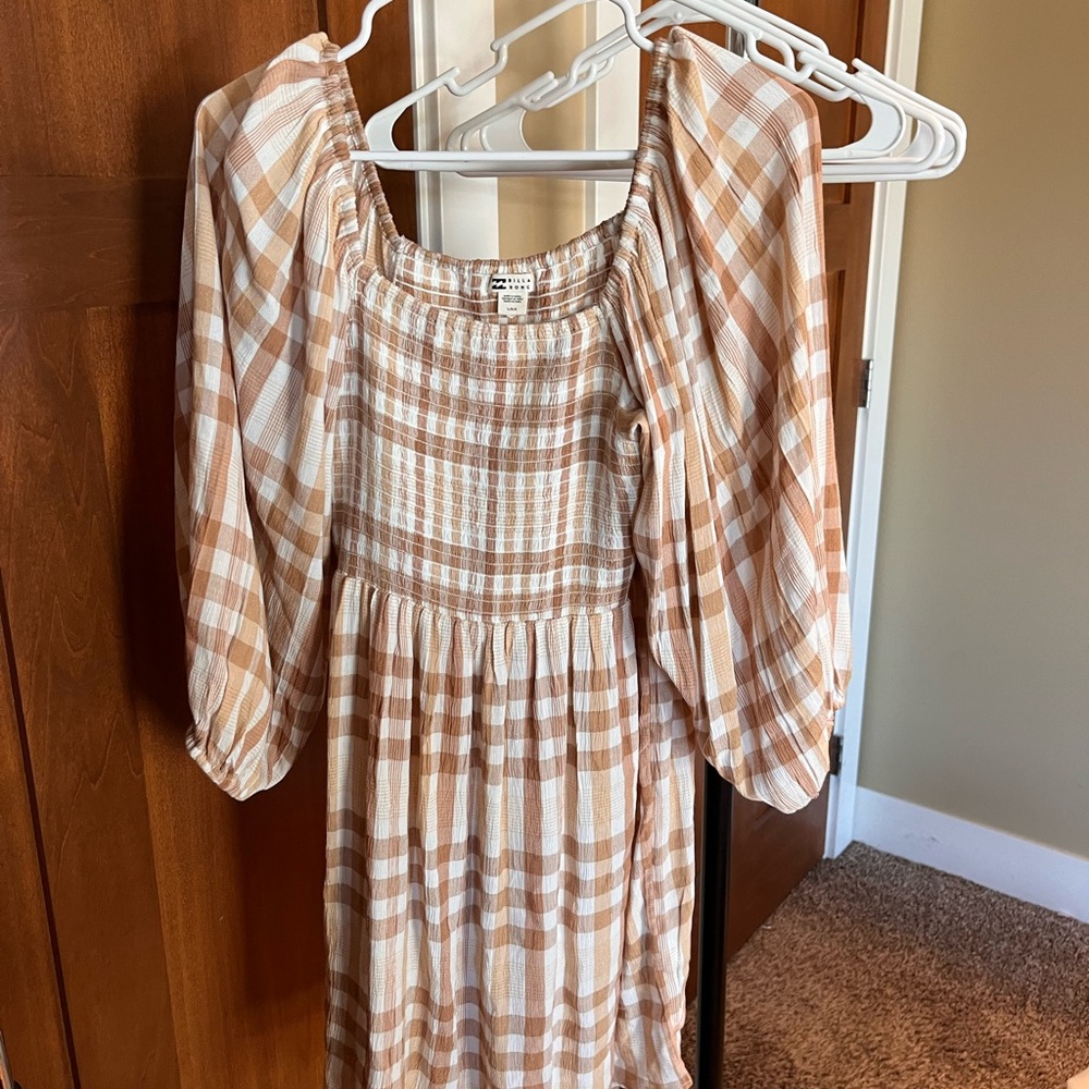 Billabong Plaid Mini Dress in Cream and Tan